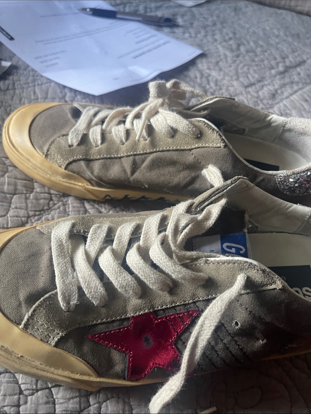 Golden Goose Beige Suede Sneakers with Red Star Accent